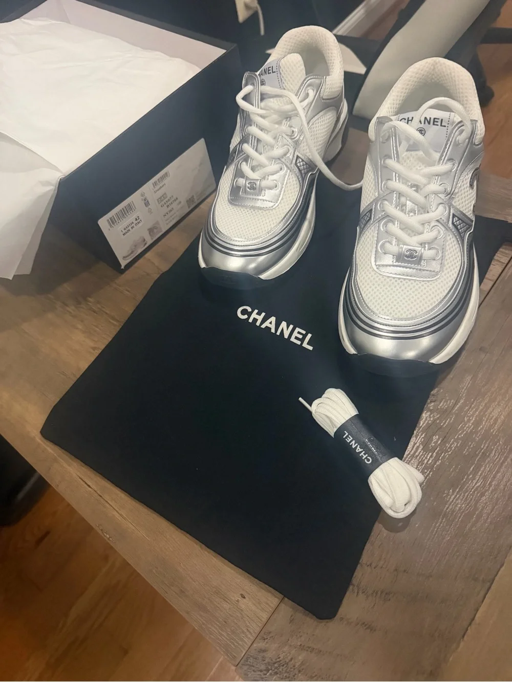 CHANEL Silver & White Logo Runner Sneakers